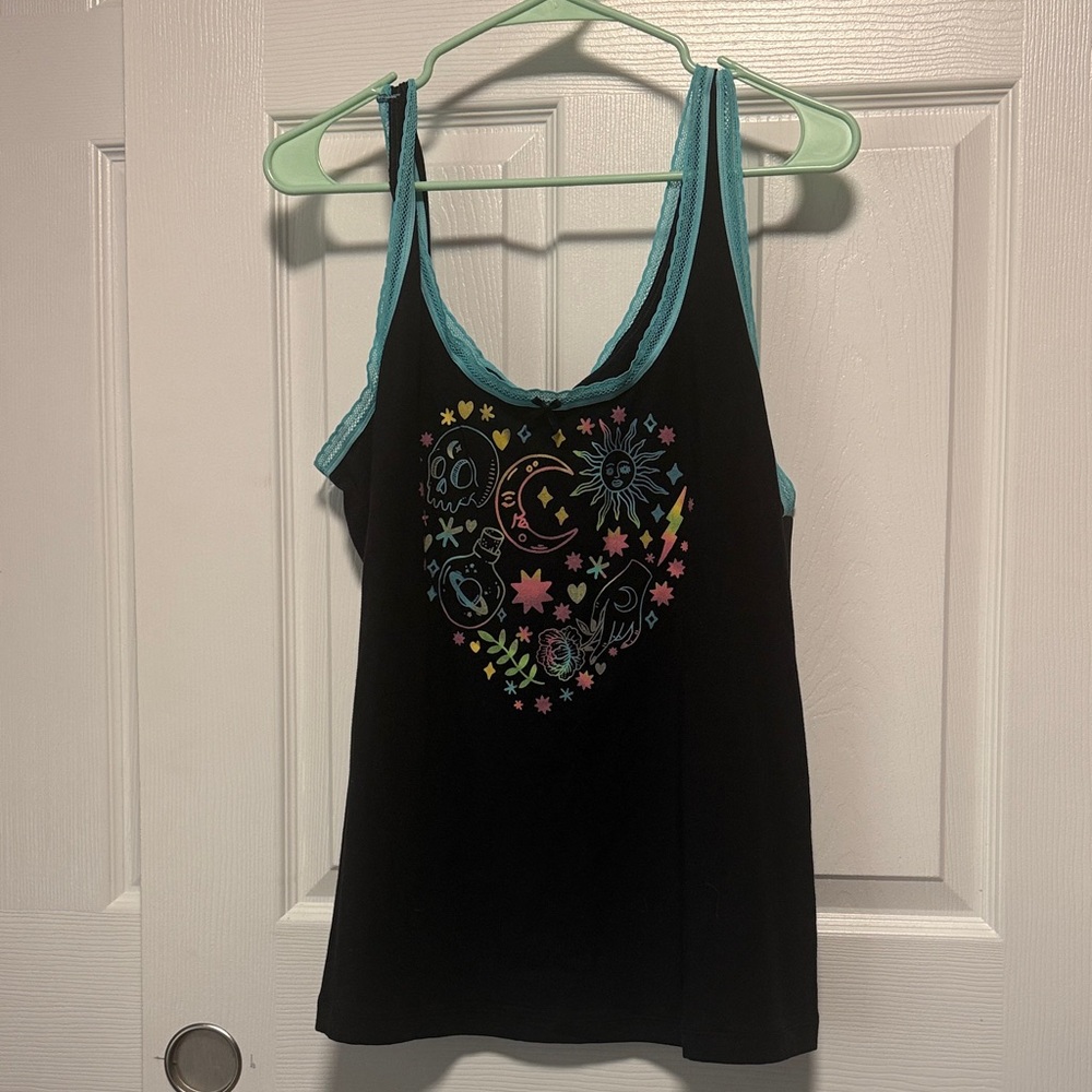 Torrid Black Camisole with Blue Trim and Graphic Design